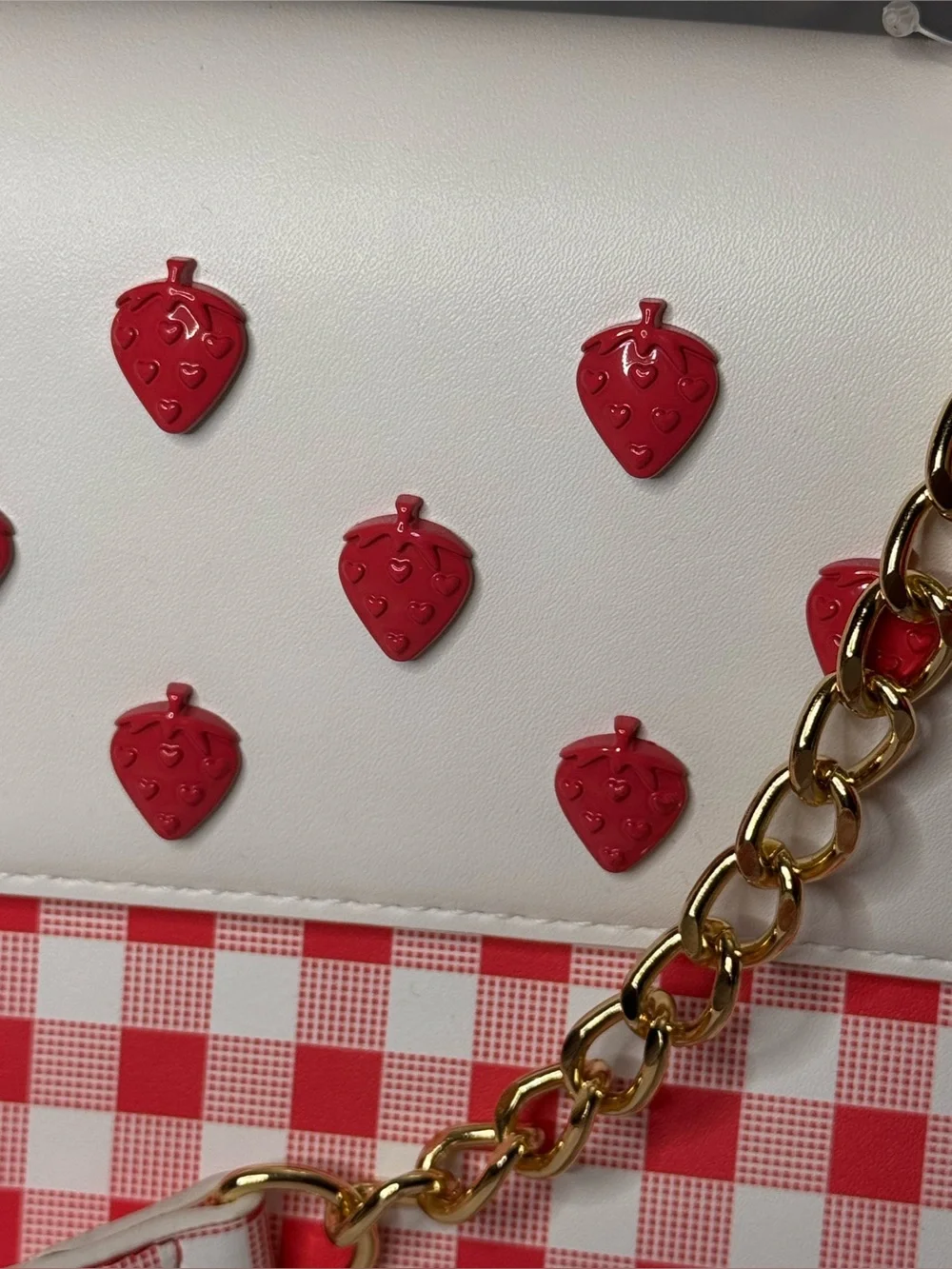 Betsey Johnson White/Red Gingham Strawberry -Handle w/ Removable Crossbody Strap